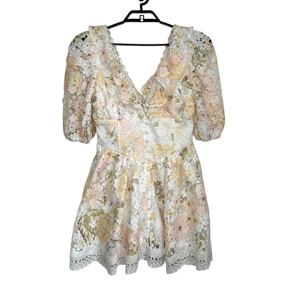 L’Atiste Womens Floral Crochet Lace Mini Dress Sz Medium V Neck Cottagecore